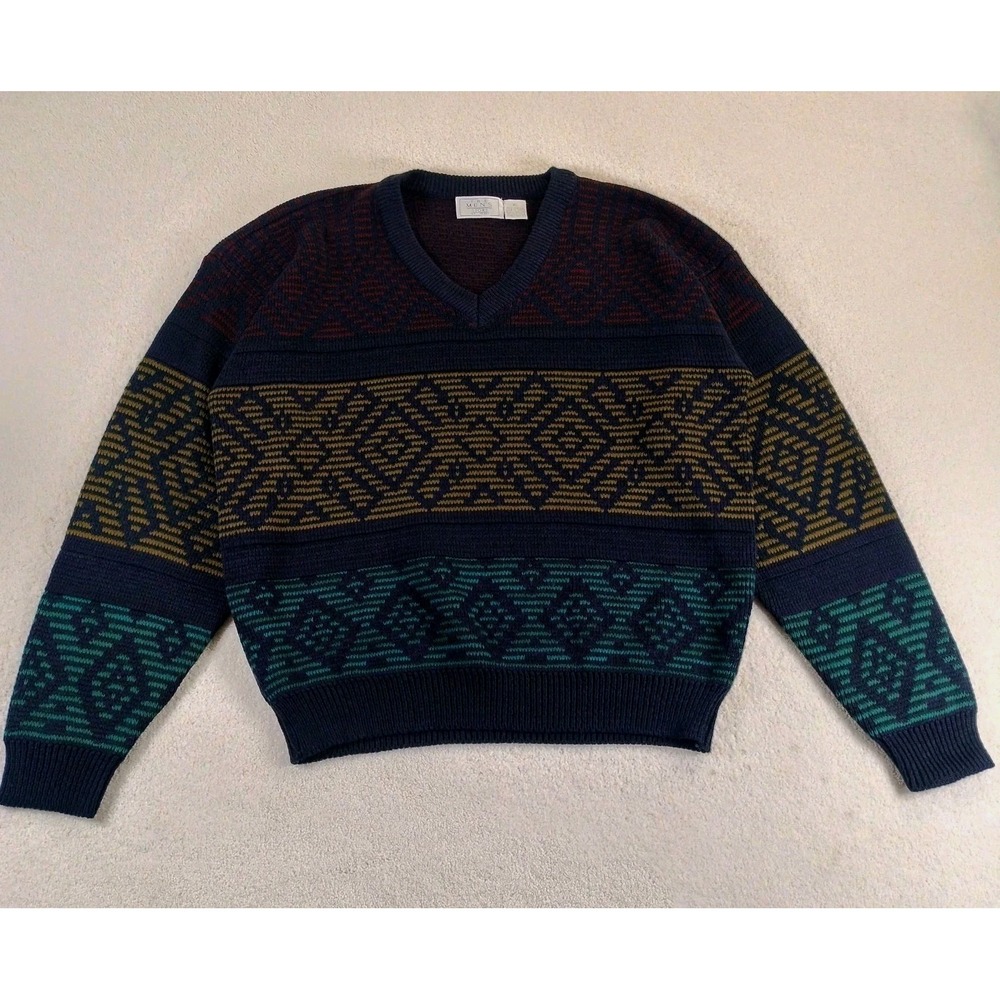 VTG Sears Men's Store V Neck Sweater Men's XL Multi  Geometric Aztec Knit 90's